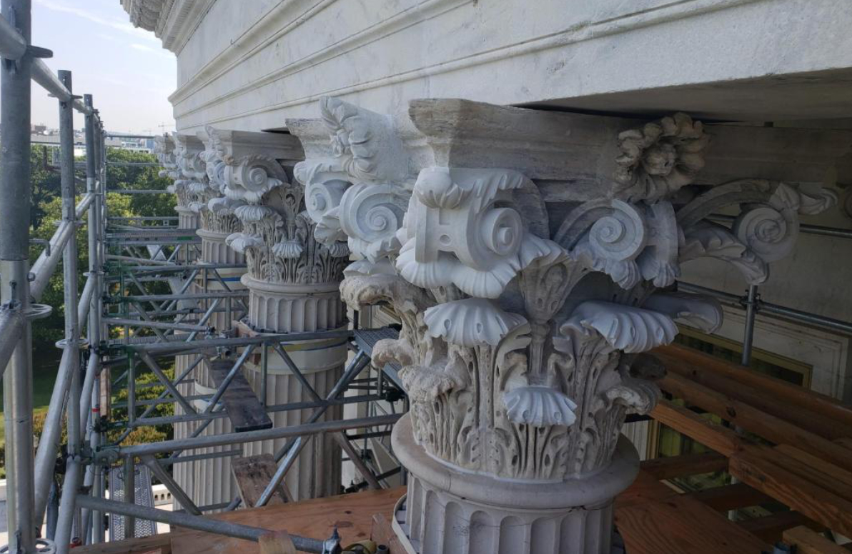 Masonry and stone restoration on a classical federal building