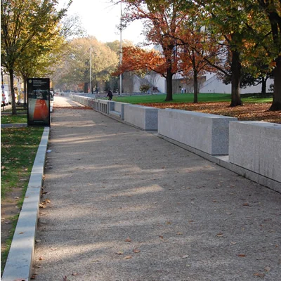 NMAH security perimeter granite site walls and benches at the National Museum of American History